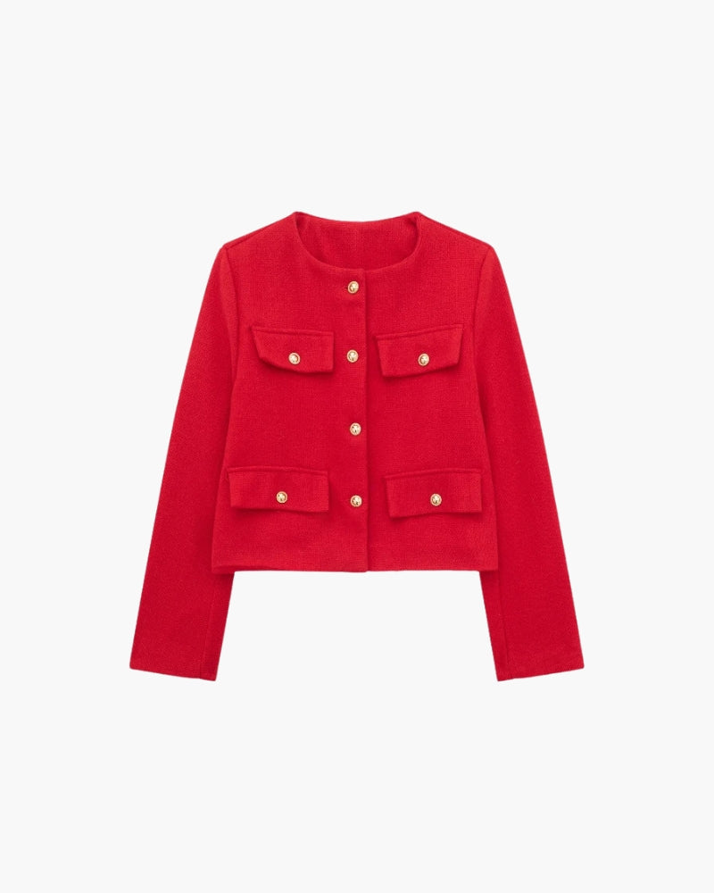 Women's Cropped Collarless Blazer with Patch Pockets - Red