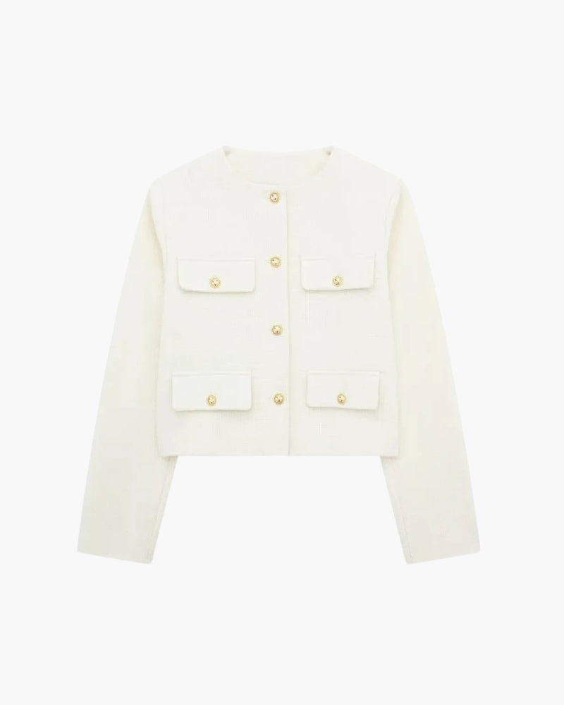 Women's Cropped Collarless Blazer with Patch Pockets - White