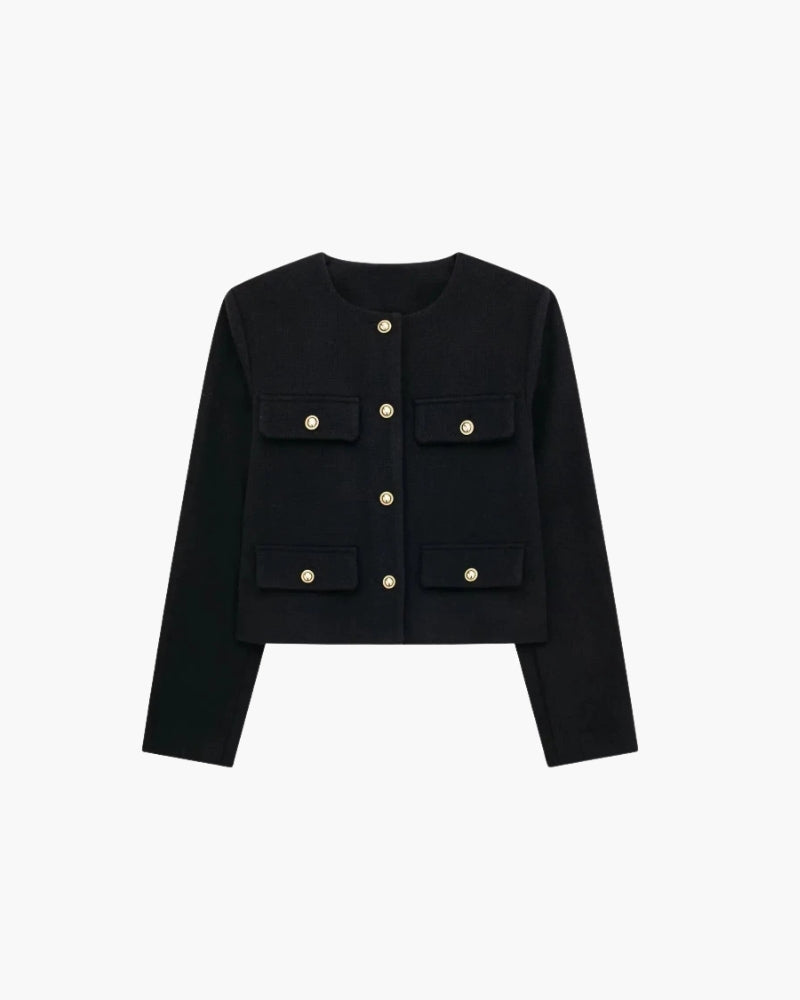 Women's Cropped Collarless Blazer with Patch Pockets - Black