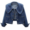 Women's Cropped Denim Jacket with Oversized Round Collar - Dark Blue