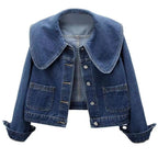 Women's Cropped Denim Jacket with Oversized Round Collar - Dark Blue