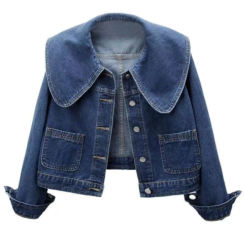 Women's Cropped Denim Jacket with Oversized Round Collar - Dark Blue