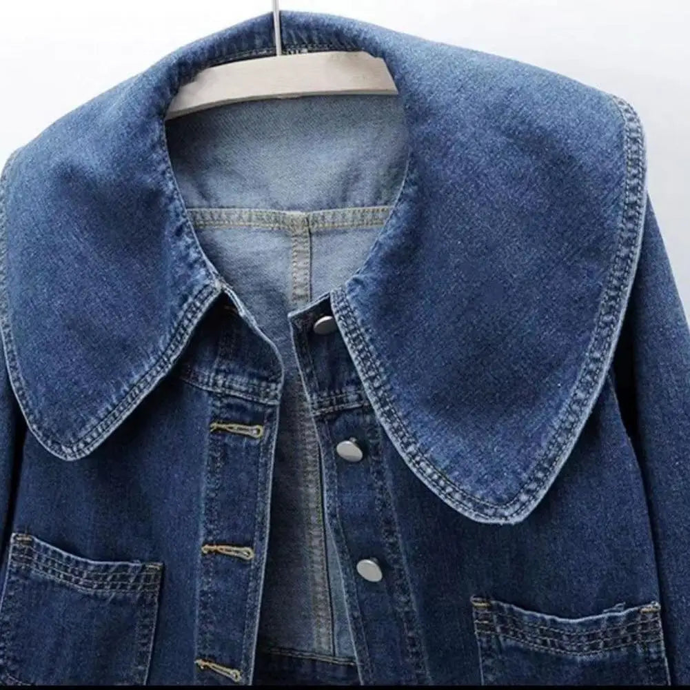 Women's Cropped Denim Jacket with Oversized Round Collar