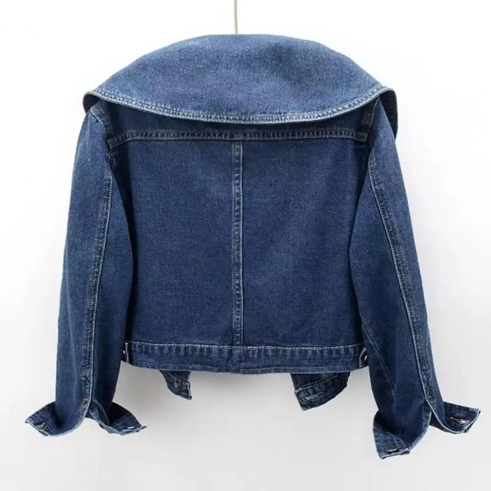 Women's Cropped Denim Jacket with Oversized Round Collar