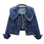 Women's Cropped Denim Jacket with Oversized Round Collar
