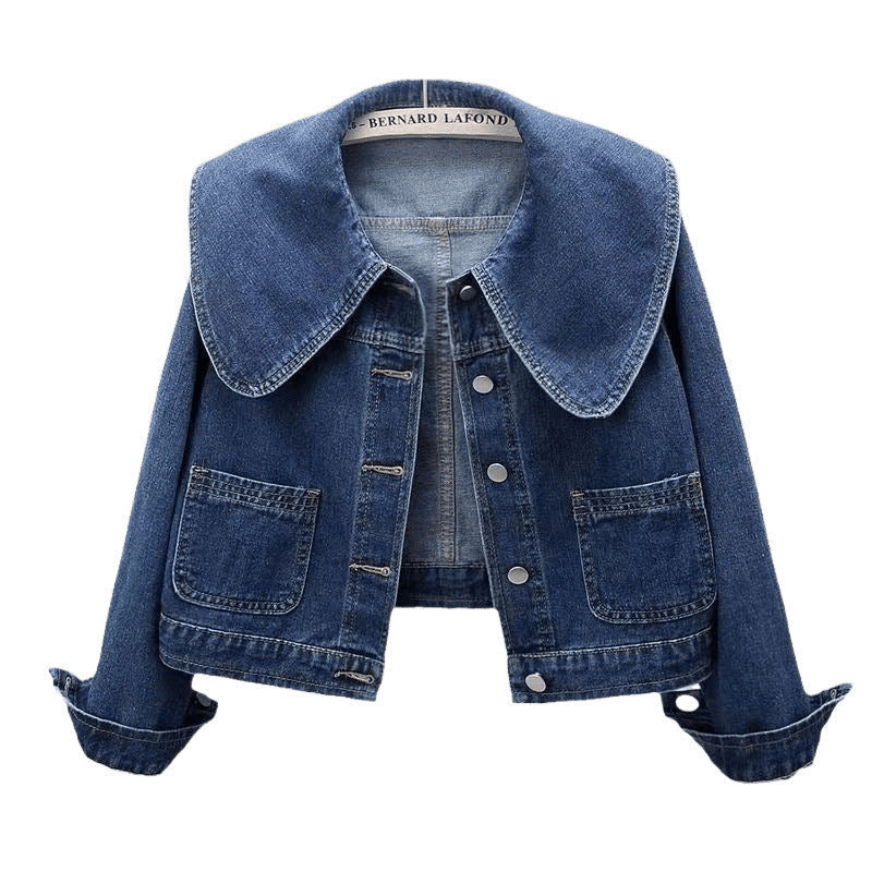 Women's Cropped Denim Jacket with Oversized Round Collar