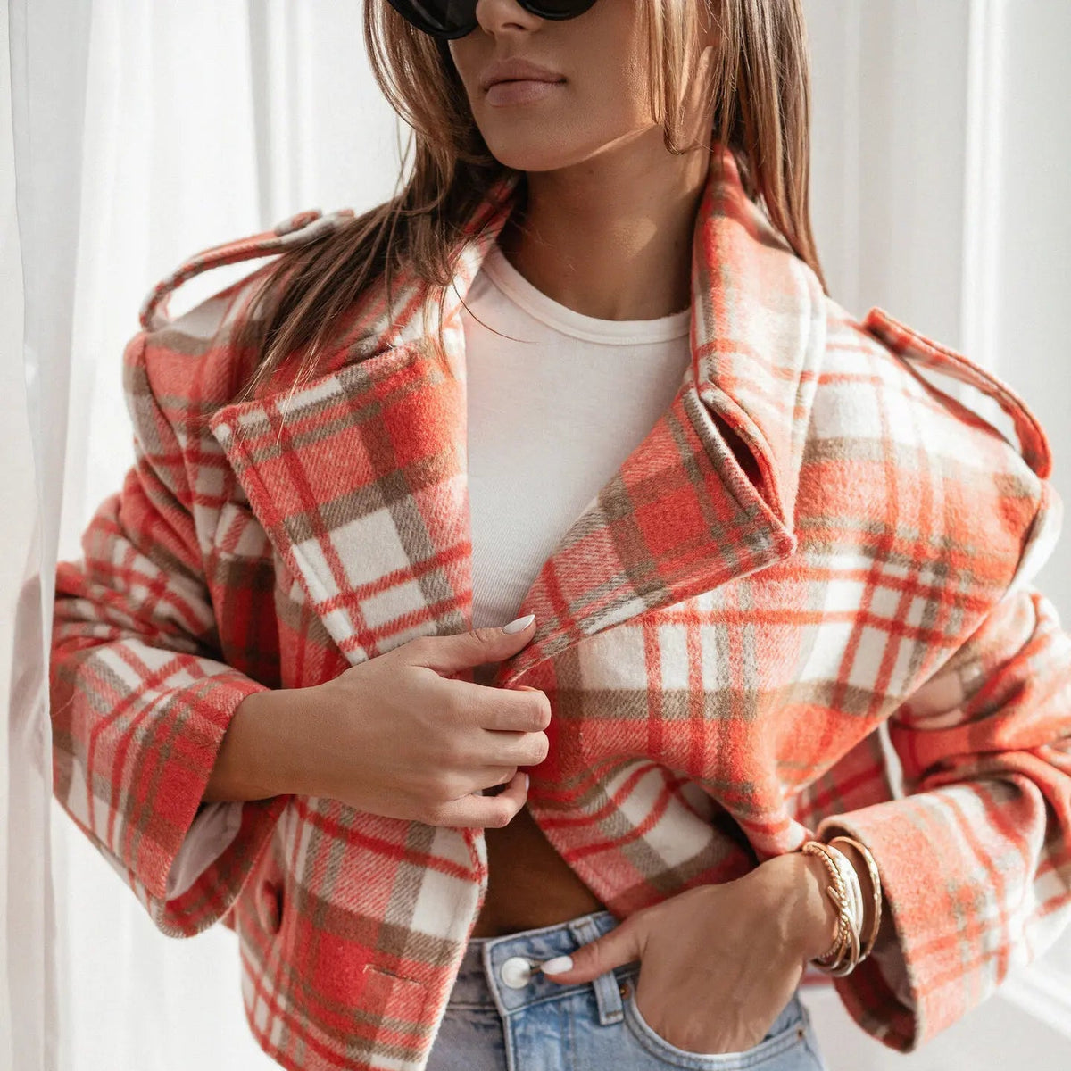 Women's Cropped Plaid Pea Coat with Double-Breasted Front - Fireside