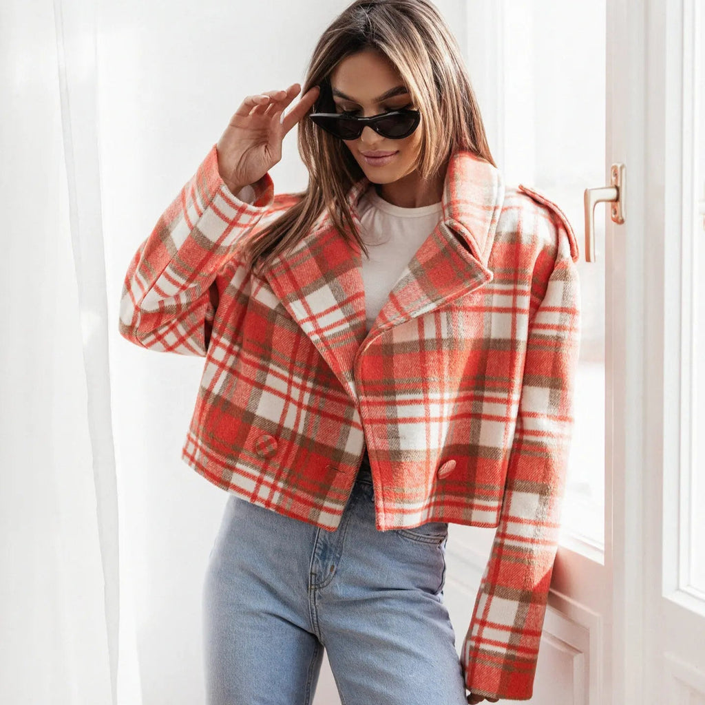 Women's Cropped Plaid Pea Coat with Double-Breasted Front