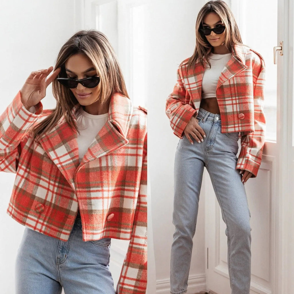 Women's Cropped Plaid Pea Coat with Double-Breasted Front