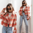 Women's Cropped Plaid Pea Coat with Double-Breasted Front