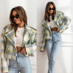 Women's Cropped Plaid Pea Coat with Double-Breasted Front