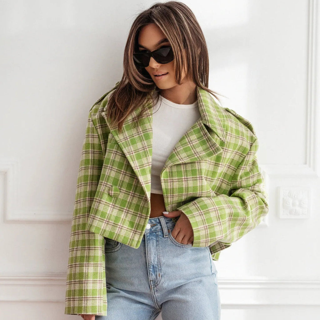 Women's Cropped Plaid Pea Coat with Double-Breasted Front