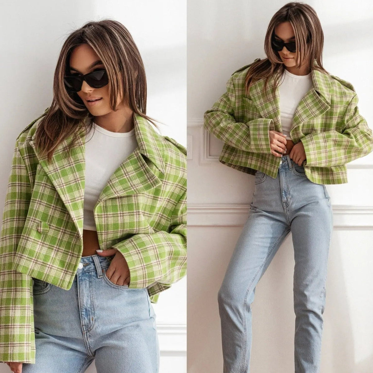 Women's Cropped Plaid Pea Coat with Double-Breasted Front