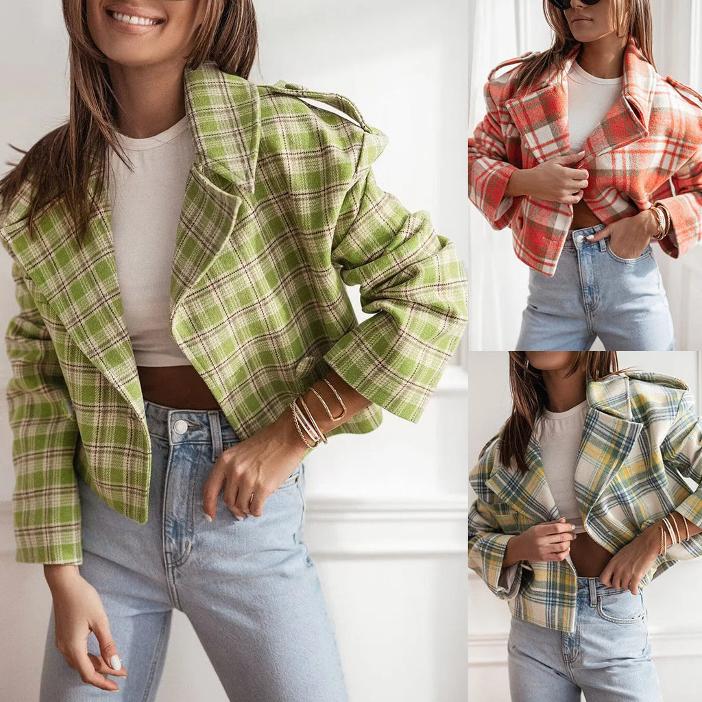 Women's Cropped Plaid Pea Coat with Double-Breasted Front