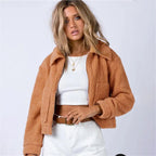 Women's Cropped Sherpa Bomber Jacket with Spread Collar - Orange
