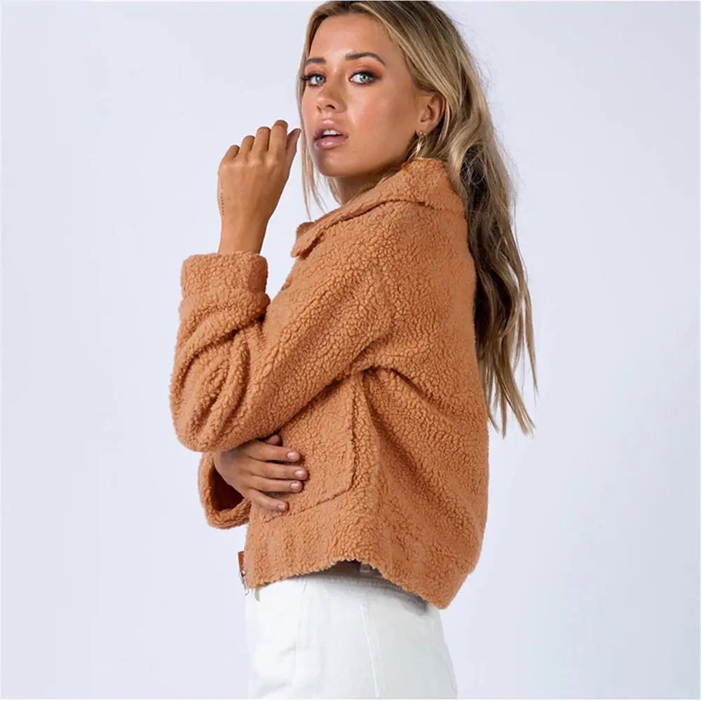 Women's Cropped Sherpa Bomber Jacket with Spread Collar