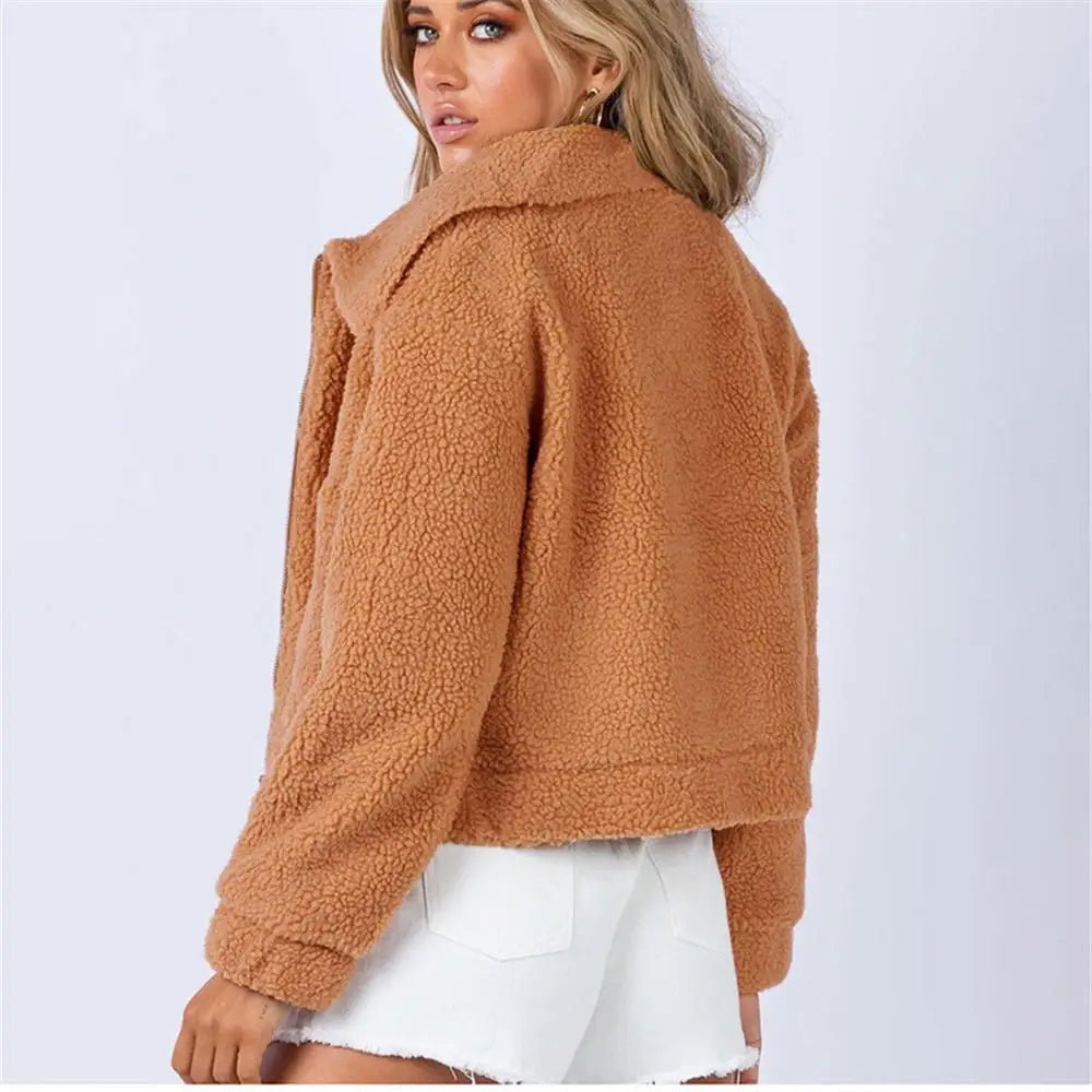 Women's Cropped Sherpa Bomber Jacket with Spread Collar