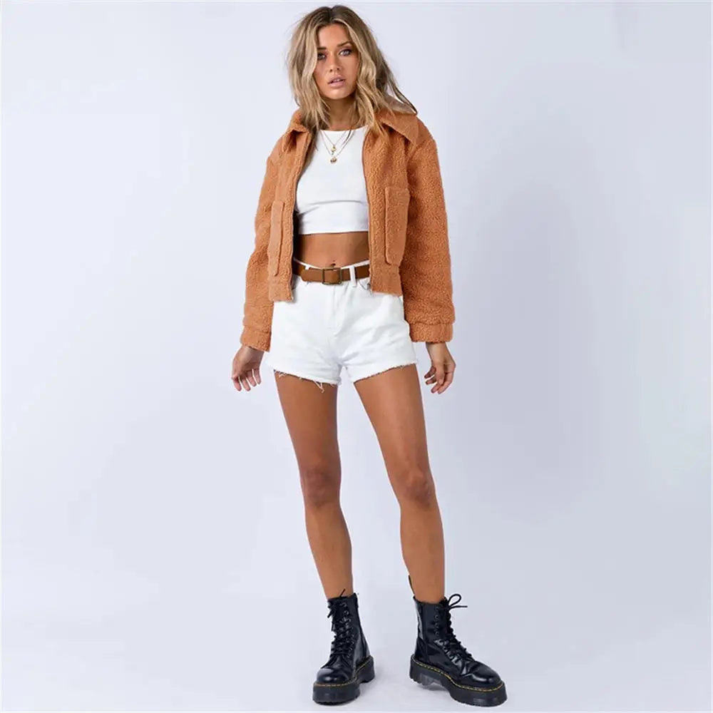Women's Cropped Sherpa Bomber Jacket with Spread Collar