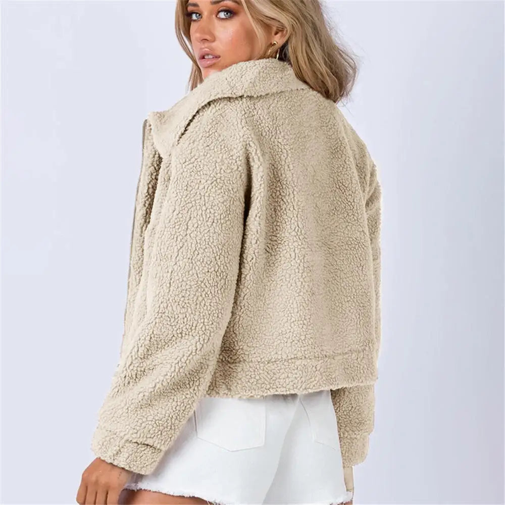 Women's Cropped Sherpa Bomber Jacket with Spread Collar