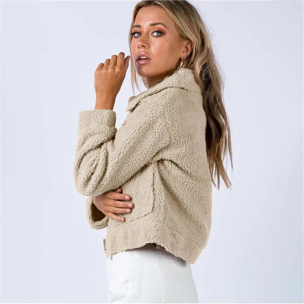 Women's Cropped Sherpa Bomber Jacket with Spread Collar