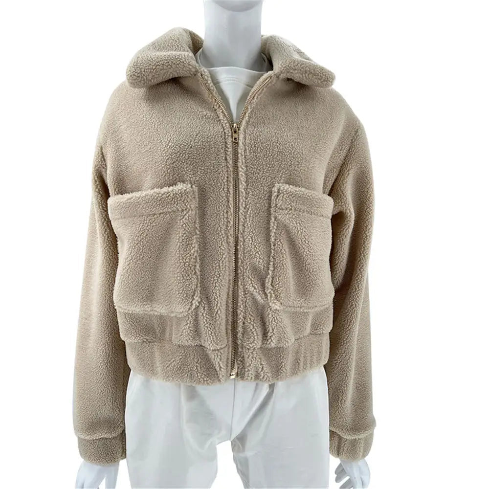 Women's Cropped Sherpa Bomber Jacket with Spread Collar
