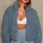 Women's Cropped Sherpa Jacket with Zip Front and Stand Collar - Aqua