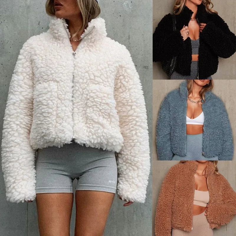 Women's Cropped Sherpa Jacket with Zip Front and Stand Collar