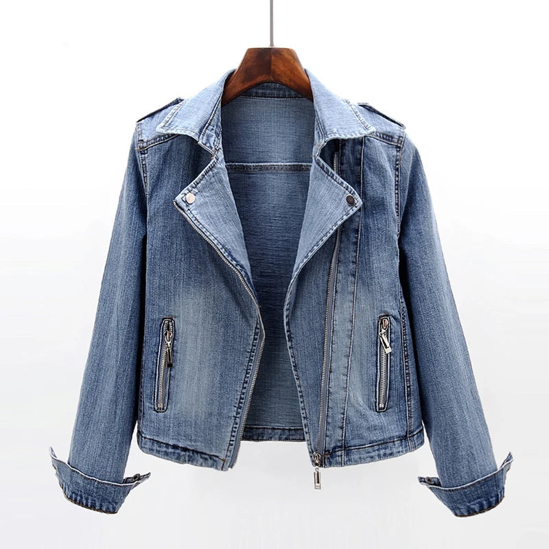 Women's Denim Moto Jacket with Asymmetric Zip Front - Light Blue