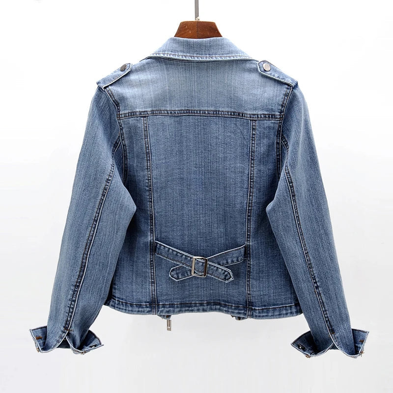 Women's Denim Moto Jacket with Asymmetric Zip Front