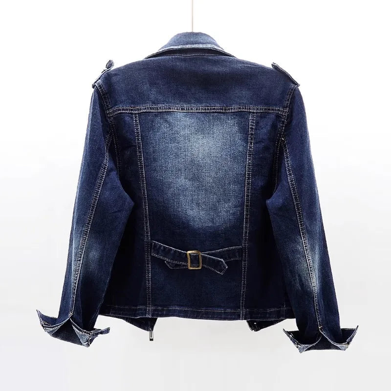 Women's Denim Moto Jacket with Asymmetric Zip Front