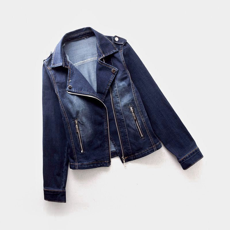Women's Denim Moto Jacket with Asymmetric Zip Front