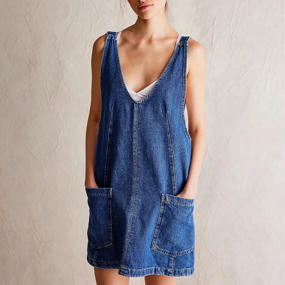 Women's Denim Overall Dress with Front Pockets - Dark Blue