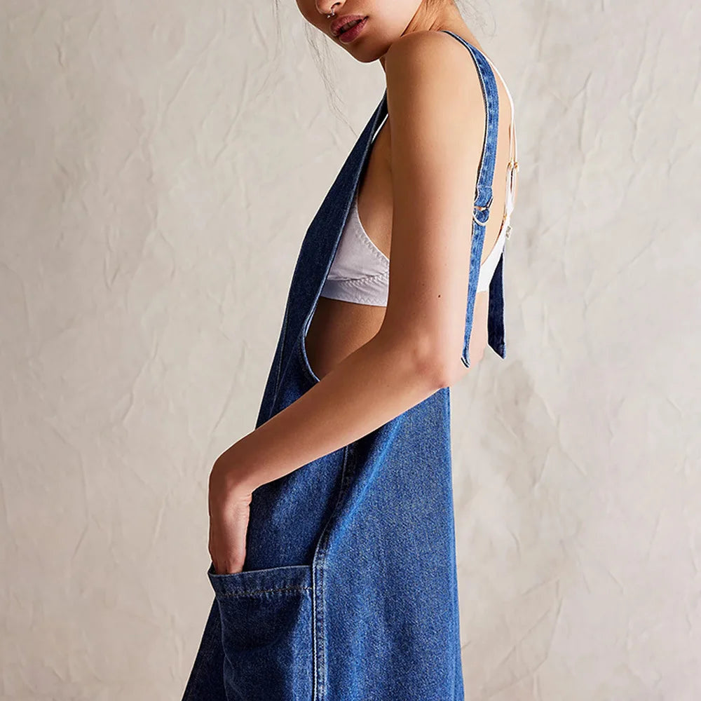 Women's Denim Overall Dress with Front Pockets