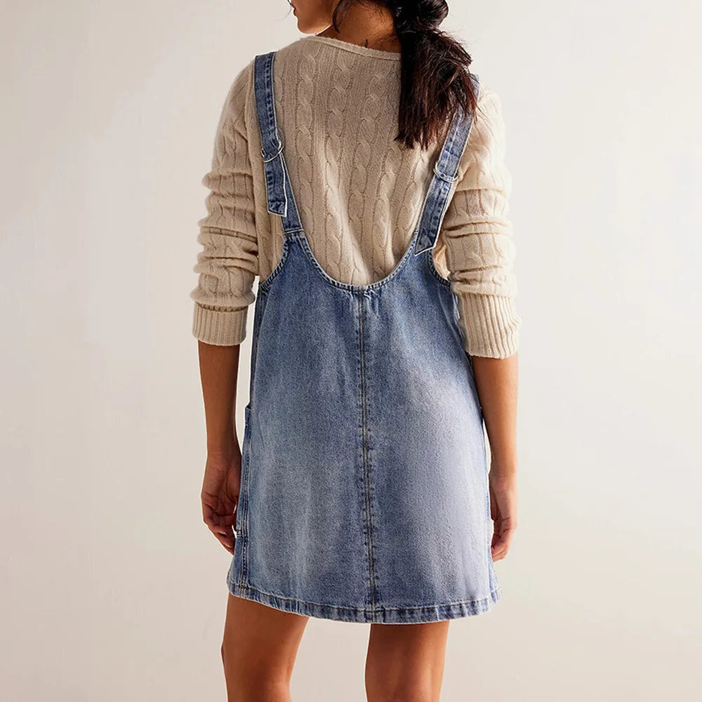 Women's Denim Overall Dress with Front Pockets