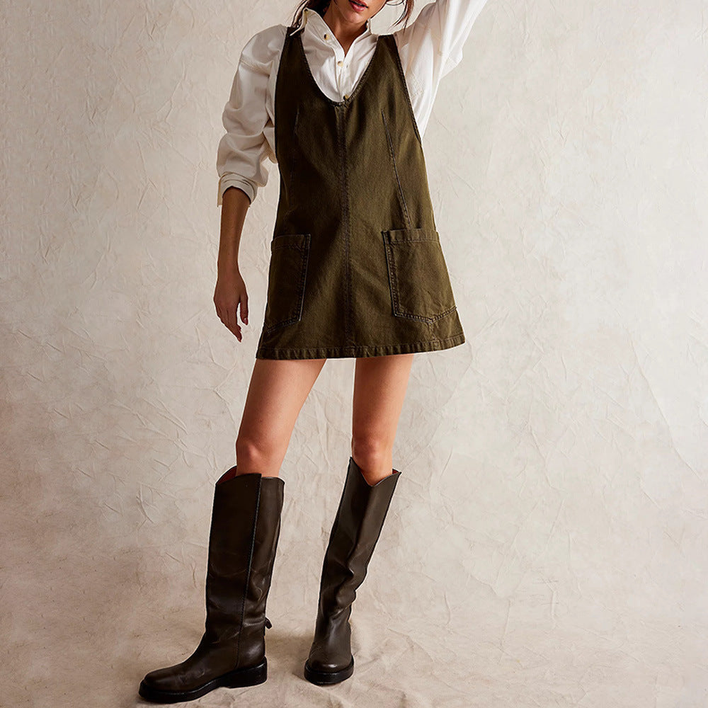 Women's Denim Overall Dress with Front Pockets