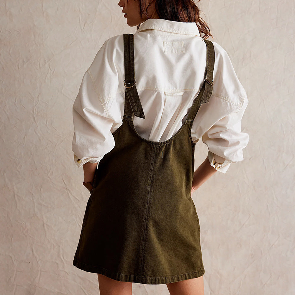 Women's Denim Overall Dress with Front Pockets