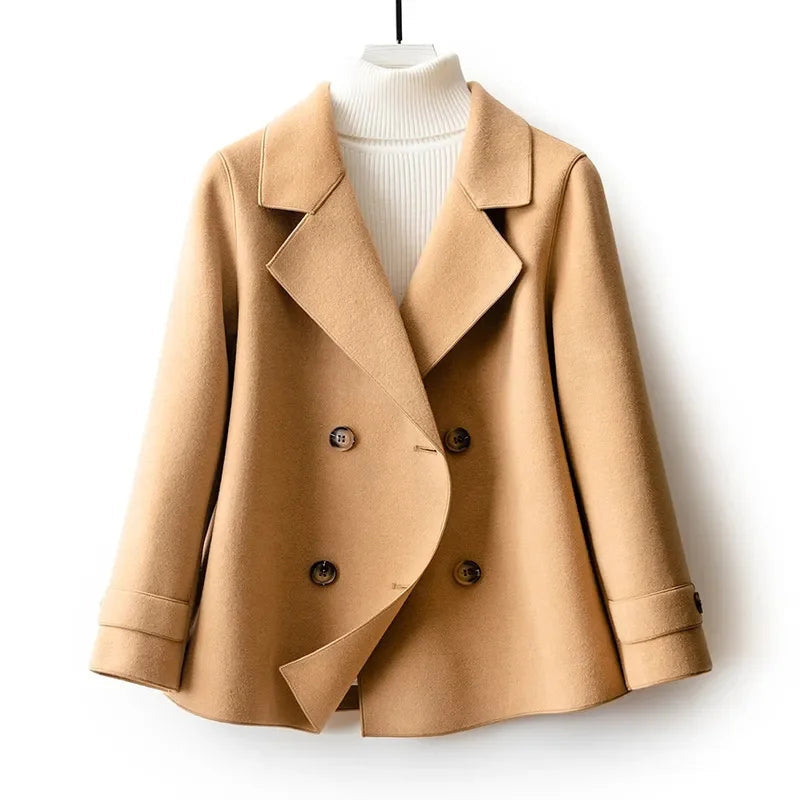 Women's Double-Breasted Pea Coat with Notched Lapels - Khaki