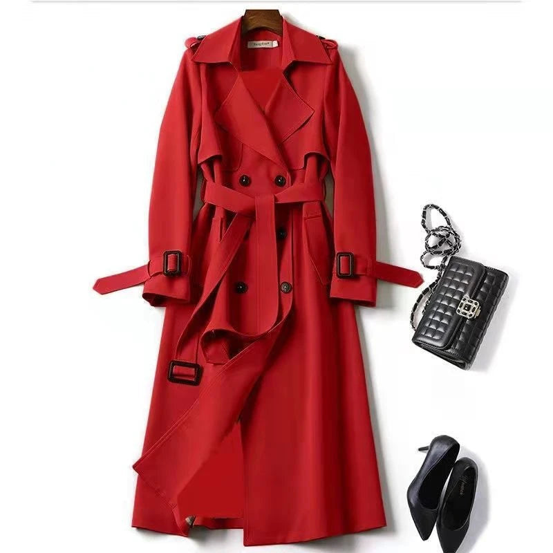 Women's Double-Breasted Trench Coat with Belt and Storm Flaps - Crimson
