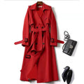 Women's Double-Breasted Trench Coat with Belt and Storm Flaps - Crimson