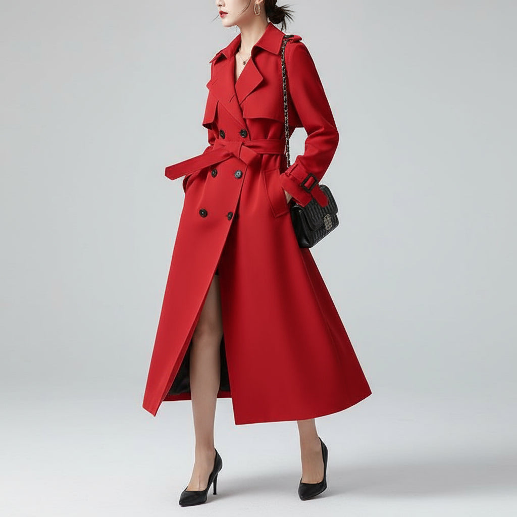 Women's Double-Breasted Trench Coat with Belt and Storm Flaps