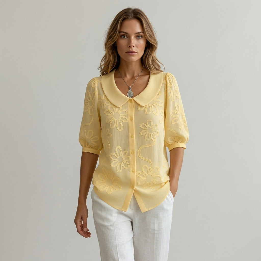 Women's Embroidered Blouse with Peter Pan Collar - Buttercup