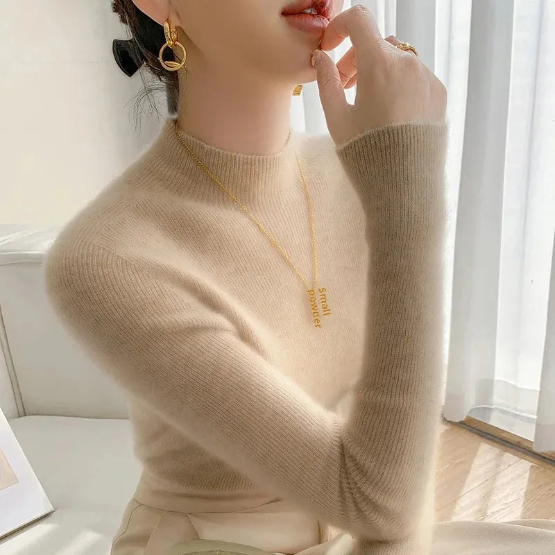 Women's Fitted Mock Neck Sweater with Long Sleeves - Beige