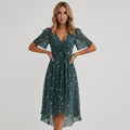 Women's Floral Wrap Midi Dress with Flutter Sleeves - Blue Green