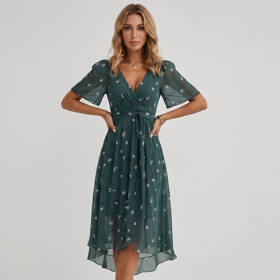 Women's Floral Wrap Midi Dress with Flutter Sleeves - Blue Green