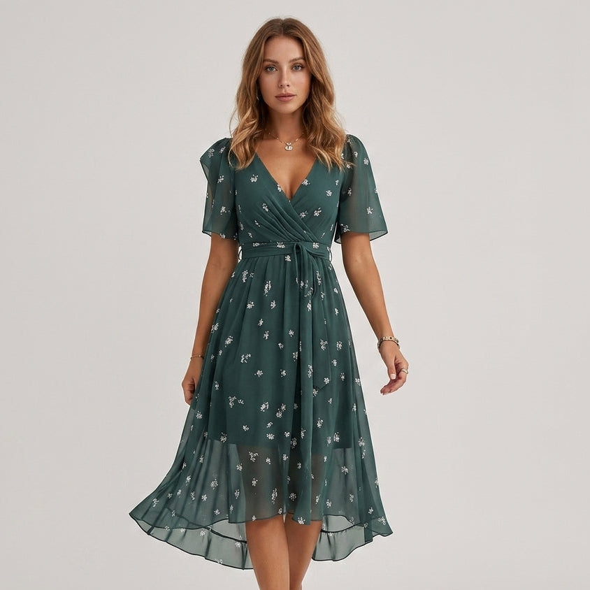 Women's Floral Wrap Midi Dress with Flutter Sleeves