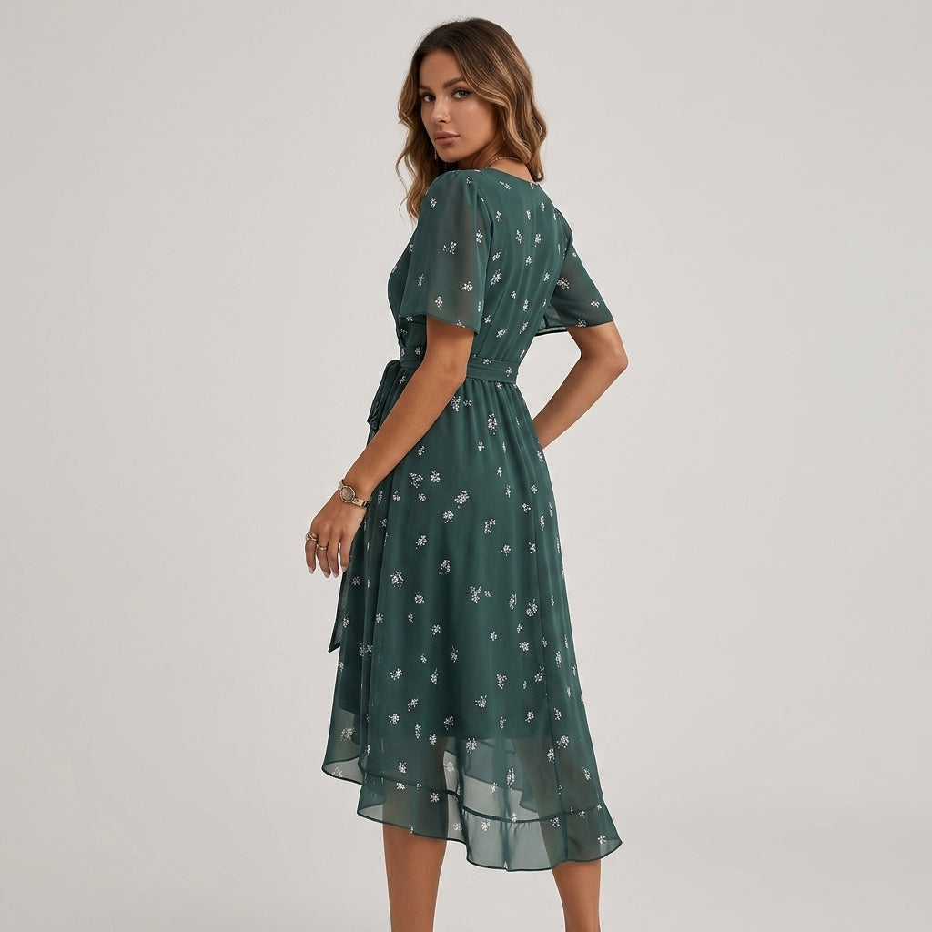 Women's Floral Wrap Midi Dress with Flutter Sleeves