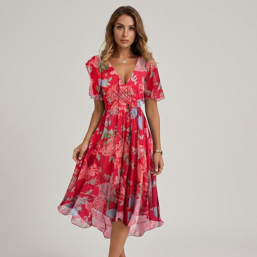 Women's Floral Wrap Midi Dress with Flutter Sleeves - Cherry