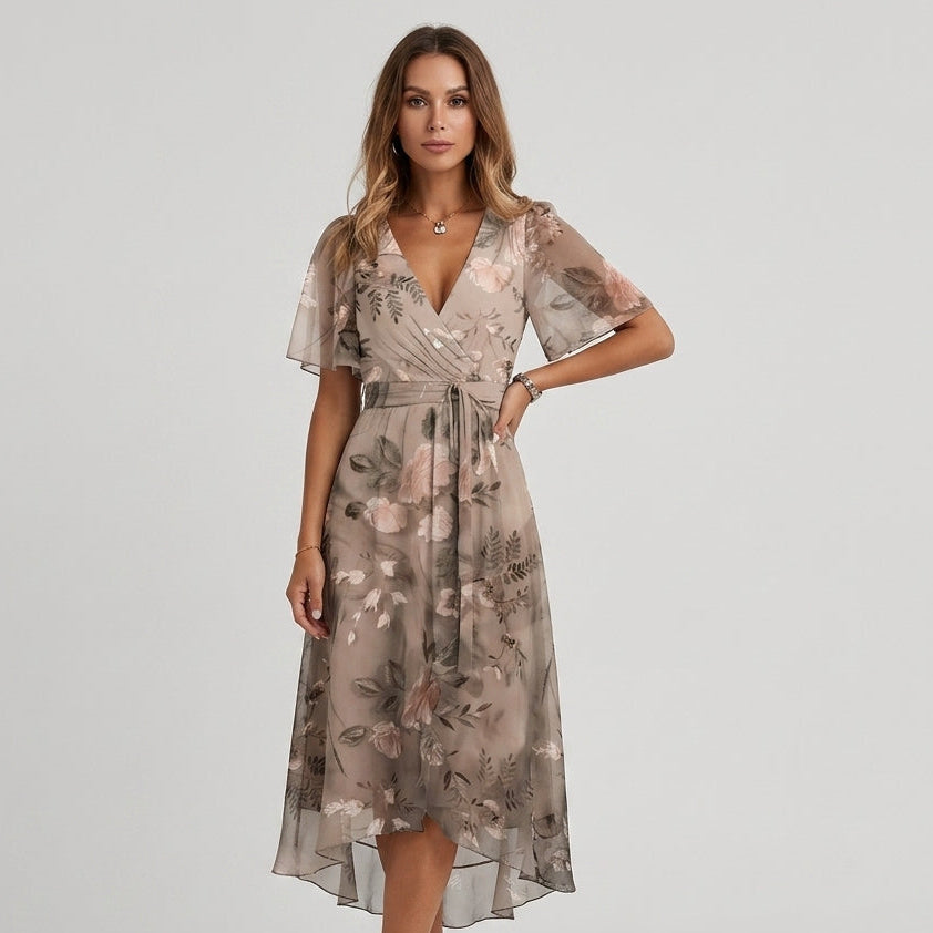 Women's Floral Wrap Midi Dress with Flutter Sleeves - Beige
