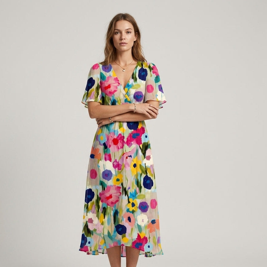 Women's Floral Wrap Midi Dress with Flutter Sleeves - Floral