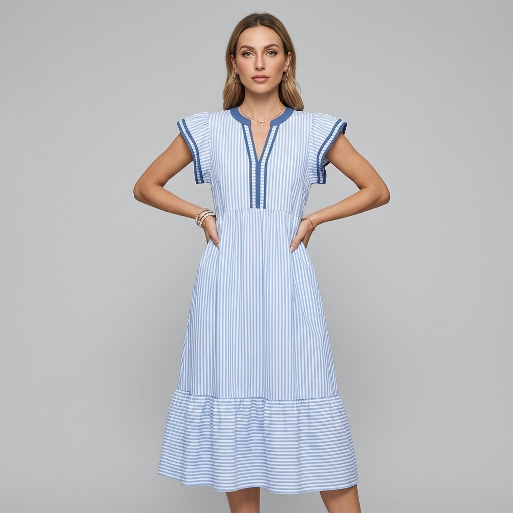 Women's Flutter Sleeve Tiered Midi Dress with Contrast Trim - Azure